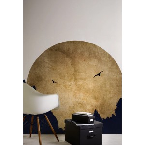 Fototapete Mond, Wald, Vögel in Weiß, Gold und Schwarz (2,00 m x 2,80 m).