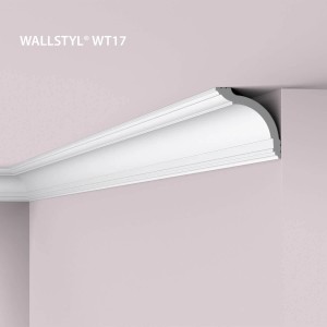 Weiße NOEL & MARQUET NMC WT17 Eckleiste / Deckenleiste (200cm) an Wand und Decke.