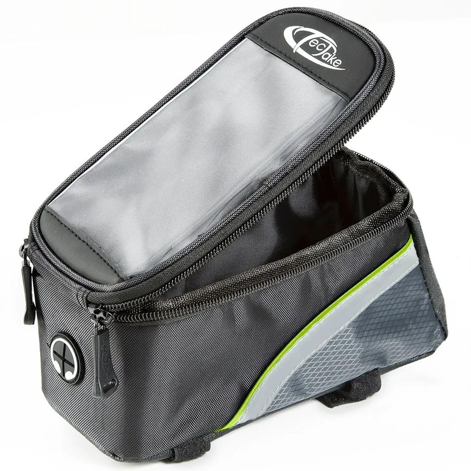 Tectake Fahrradtasche mit Rahmenbefestigung, wasserabweisend, schwarz, grau und grün.