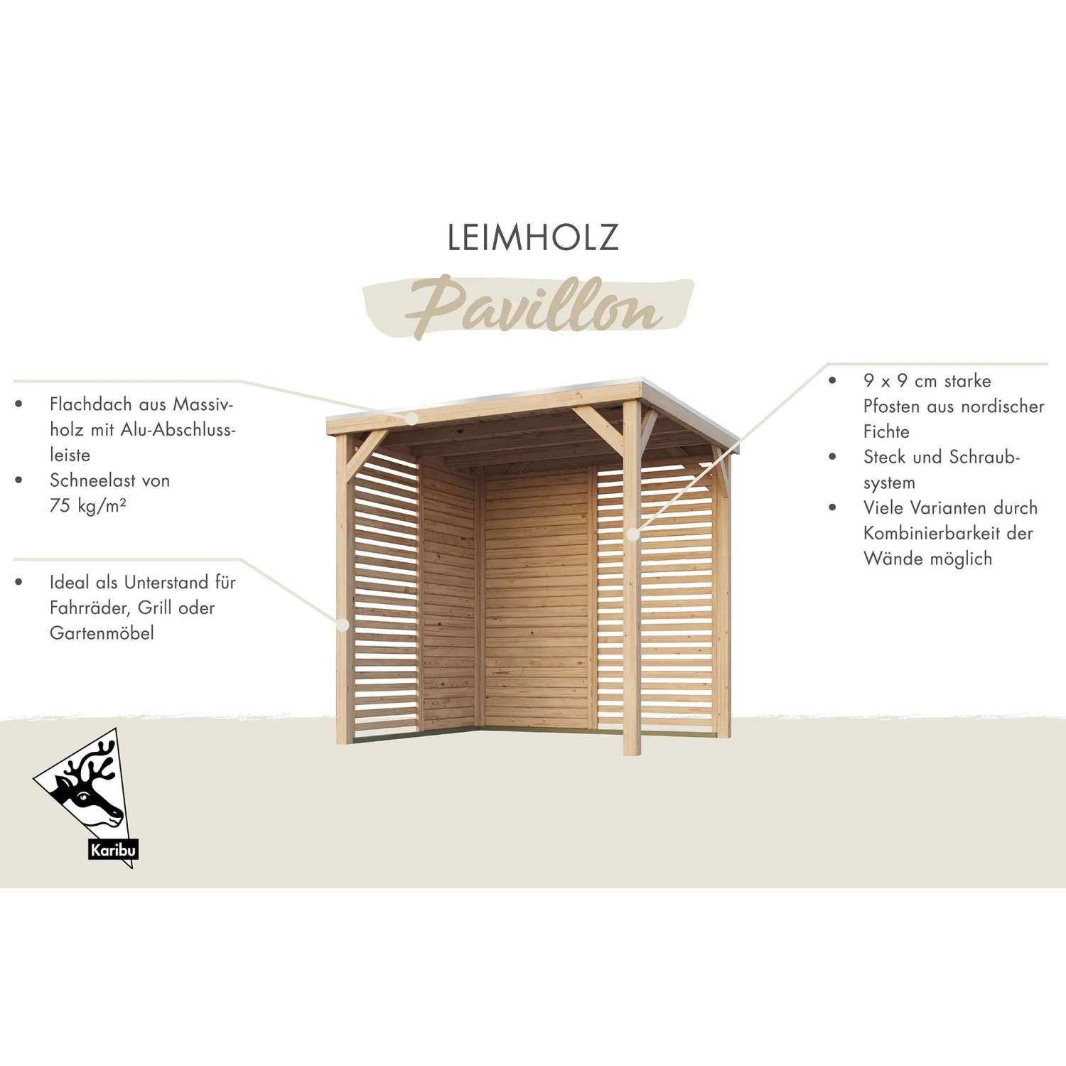 Karibu Pavillon Kvadrat aus naturbelassenem Holz, 231x231x243cm, mit Leimholzpfosten und Massivholzdach.