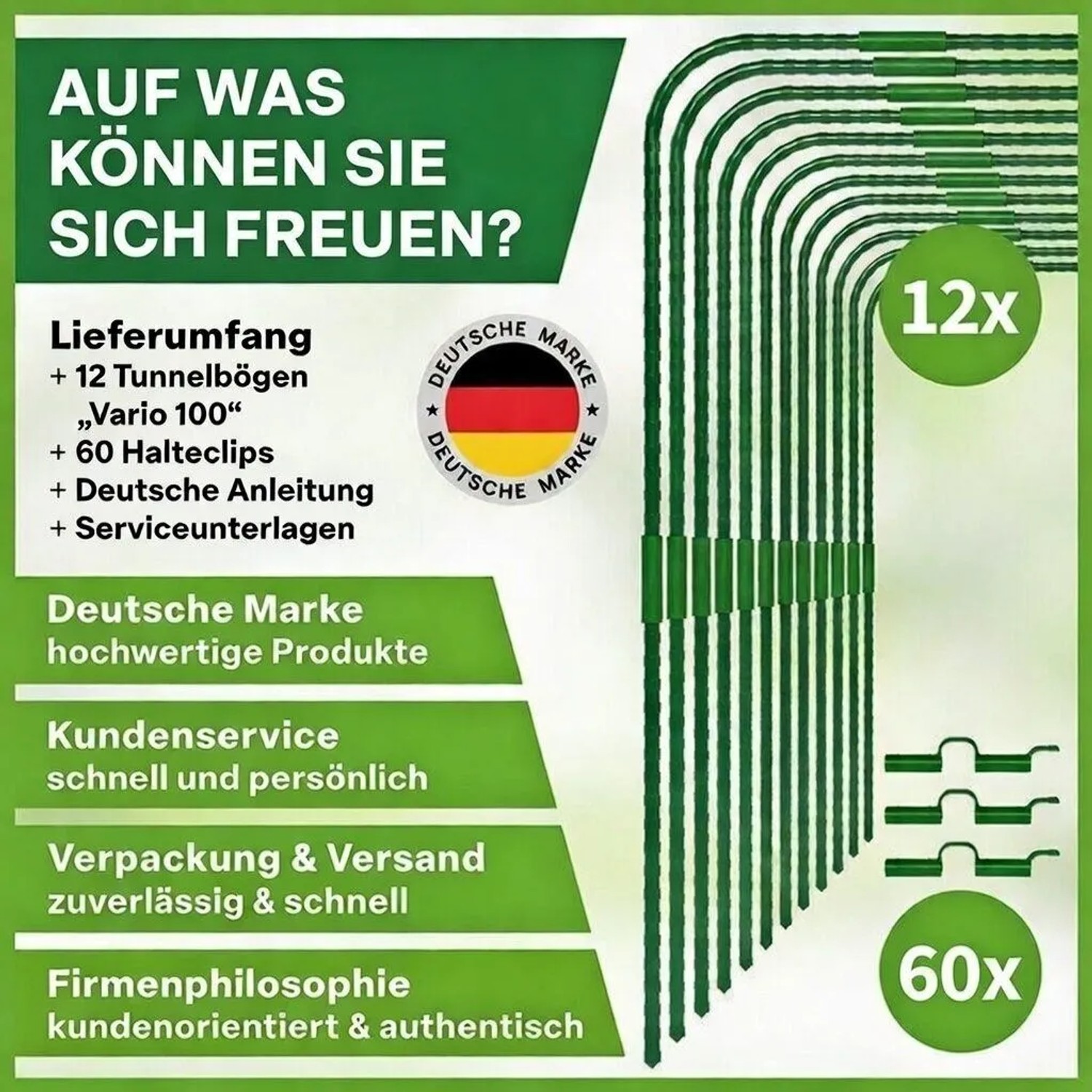 Grünes TTL GARDEN Pflanztunnel Set mit 12 Vario Bögen und 60 Clips für Beet, Frühbeet & Garten. Pflanzen Schutz.