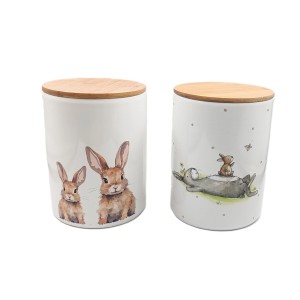 Vorratsdosen Knuffi von Boltze, weiß mit Hasenmotiven und Bambusdeckel, 14x10x14 cm.