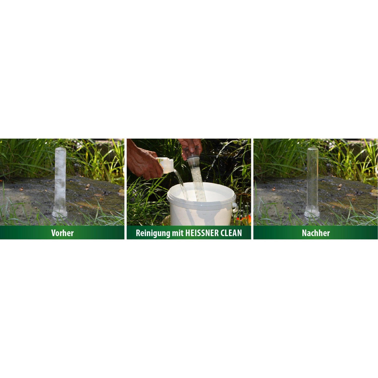 Heissner Clean: Vorher-Nachher-Vergleich der Reinigung von Pumpe/Filter. Spezialreiniger für Teichpflege.