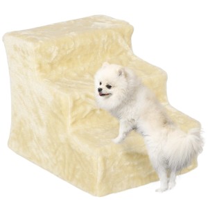 Beige PawHut Haustiertreppe aus Plüsch mit Hund, 46x35x35cm.