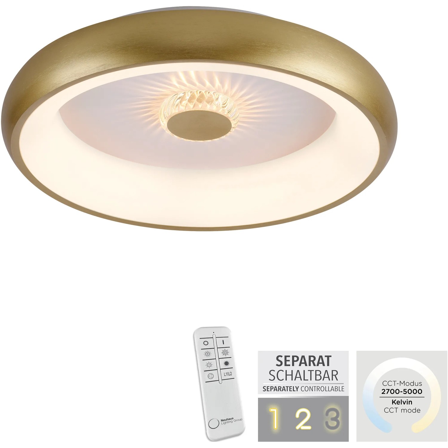 LED-Deckenleuchte Vertigo in Messing-Optik, dimmbar mit Fernbedienung, Ø 46,5 cm.