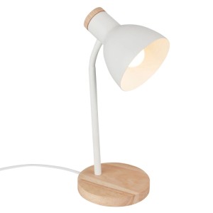 Weiße Brilo Tischleuchte Prep mit Holzfuß, ideal als Schreibtischlampe oder Nachttischleuchte.