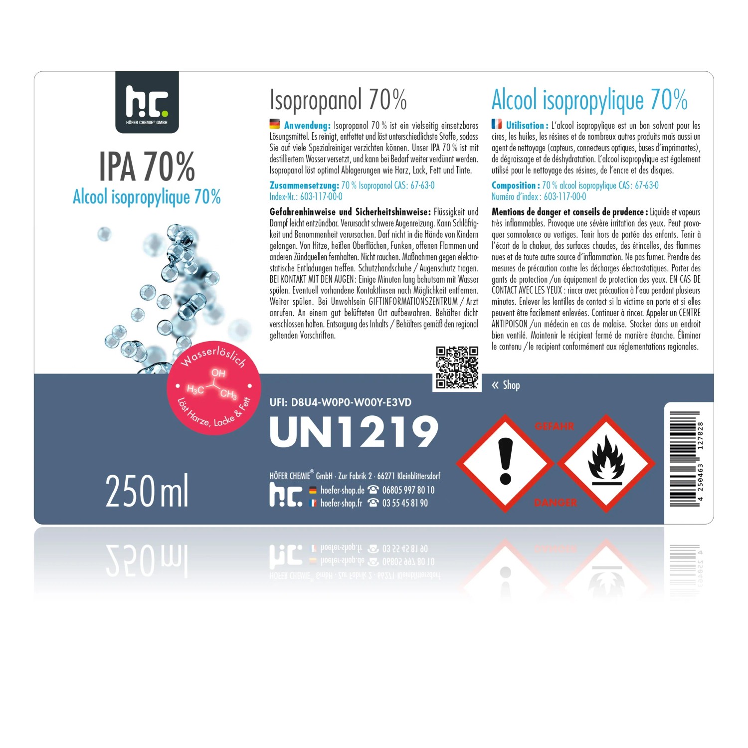 Höfer Chemie Isopropanol 70% in Sprühflaschen, 12x250ml, zur Reinigung von Oberflächen.