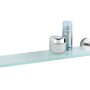 Wenko Glas Wandablage Bosio mit Edelstahl-Halterung und Badartikeln.