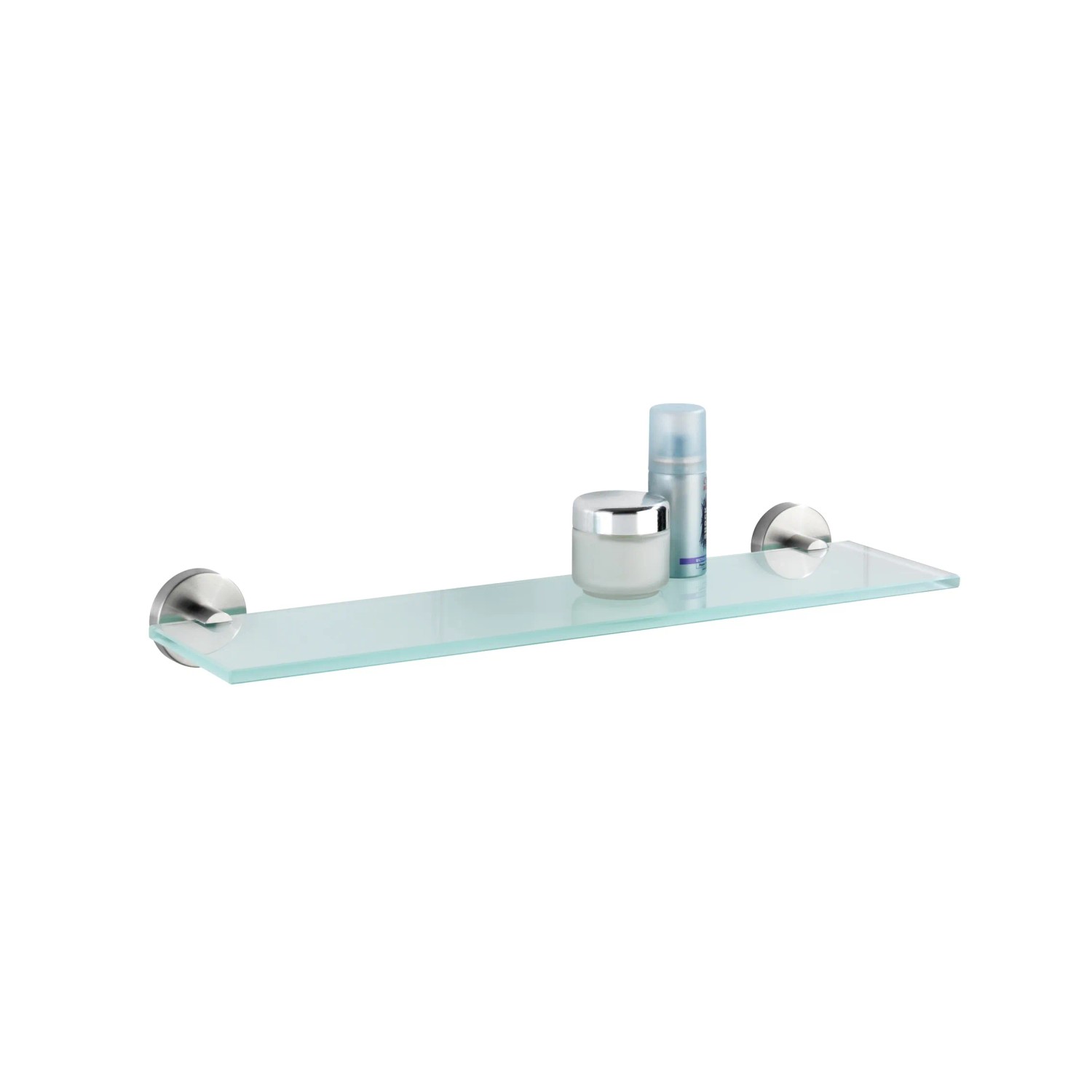 Wenko Glas Wandablage Bosio mit Edelstahl-Halterung und Badartikeln.