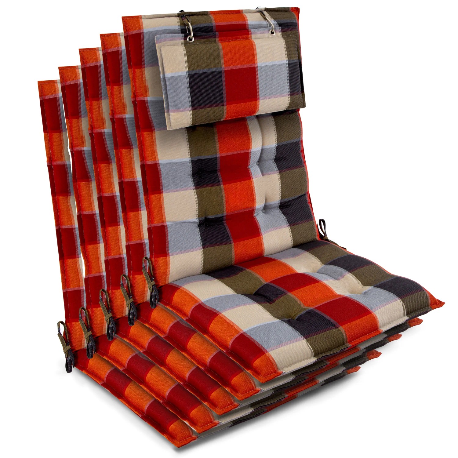 Beautissu 5er Set Sun-HL Hochlehner Auflage 120x50x8cm Orange-Beige-Kariert