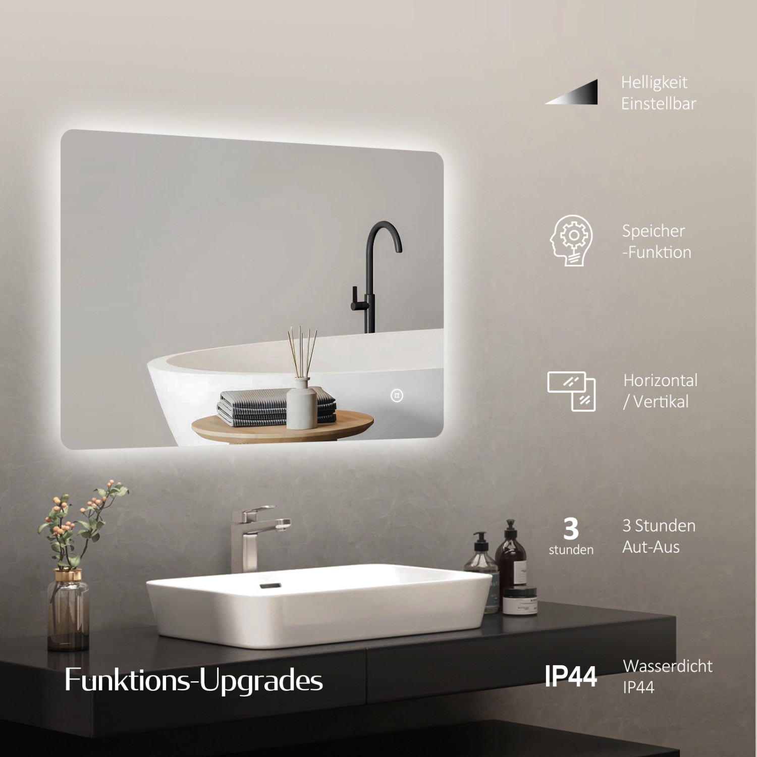 Emke Badspiegel mit LED-Beleuchtung, 100x60 cm, Touchschalter für Kalt-, Warm- & Neutralweiß.