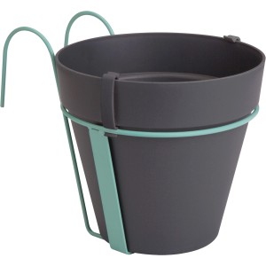 Anthrazitfarbener Elho Hängetopf Loft Urban mit grüner Halterung für den Balkon.