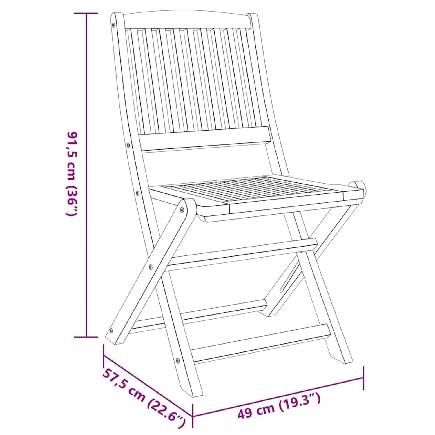 Skizze eines klappbaren Akazienholz-Stuhls aus dem vidaXL 3-Tlg Balkon-Set mit Maßangaben.