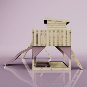 PolarPlay Spielturm Frida mit Rutsche, Schaukel und Kletterwand in Altrosa.