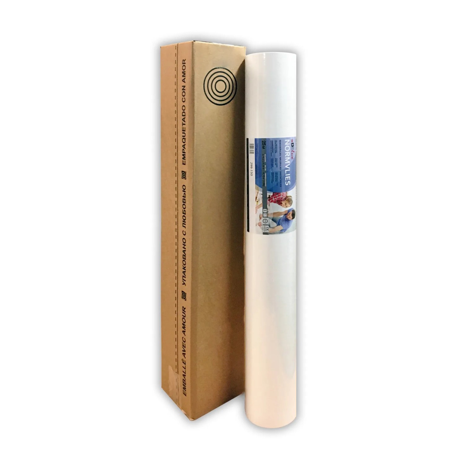 Rolle PROFHOME Renoviervlies 150g, glatte, weiße Vliestapete neben Kartonverpackung.