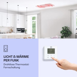 Klarstein Wondersky Infrarotheizung mit Fernbedienung und Beleuchtung, montiert an der Decke eines Wohnzimmers.