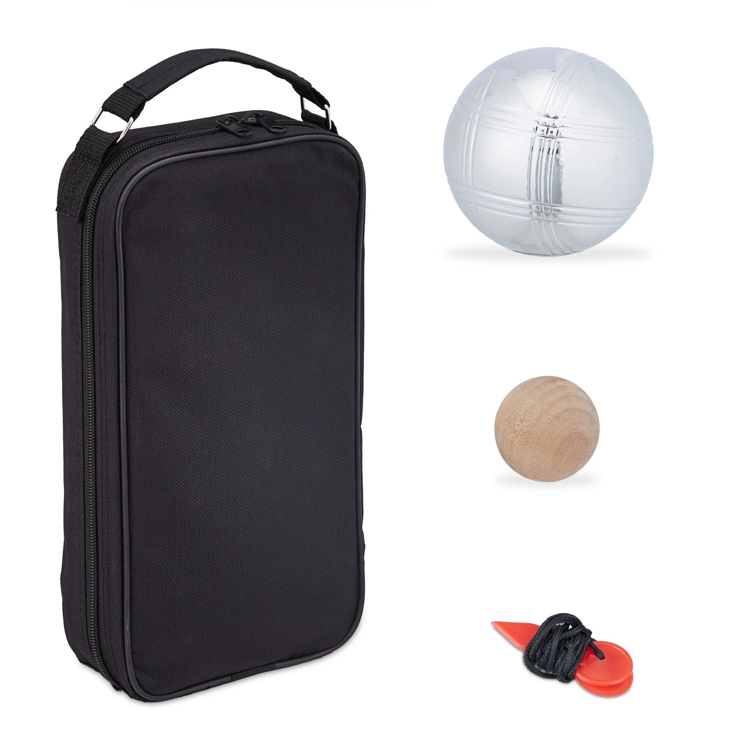 Relaxdays Boule Set Stahl Silber Schwarz mit Tragetasche und Abstandsmesser 32 cm x 16 cm x 7 cm 6 kg