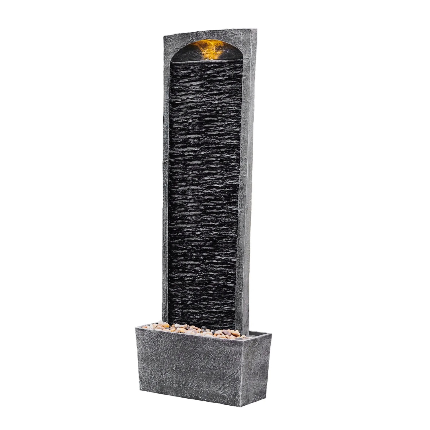 Moderner Teamson Home Wasserfallbrunnen (98 cm) mit LED-Beleuchtung und Kieselbasis in Grau.