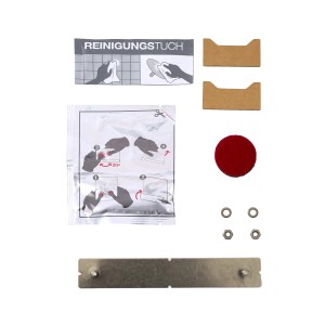 Keuco Klebe-Set 9 für Reva Duschablagen: Montageplatte, Reinigungstuch, Schleifvlies und Kleber.