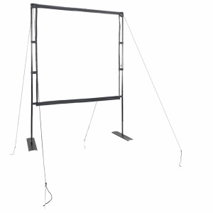 Weiße 89 Zoll Beamer Leinwand mit schwarzem Eisenständer und Abspannseilen für stabilen Stand. Ideal für Heimkino.
