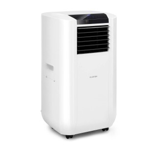 Weiße Klarstein Max Breeze Smart Klimaanlage mit Rollen und Bedienfeld.