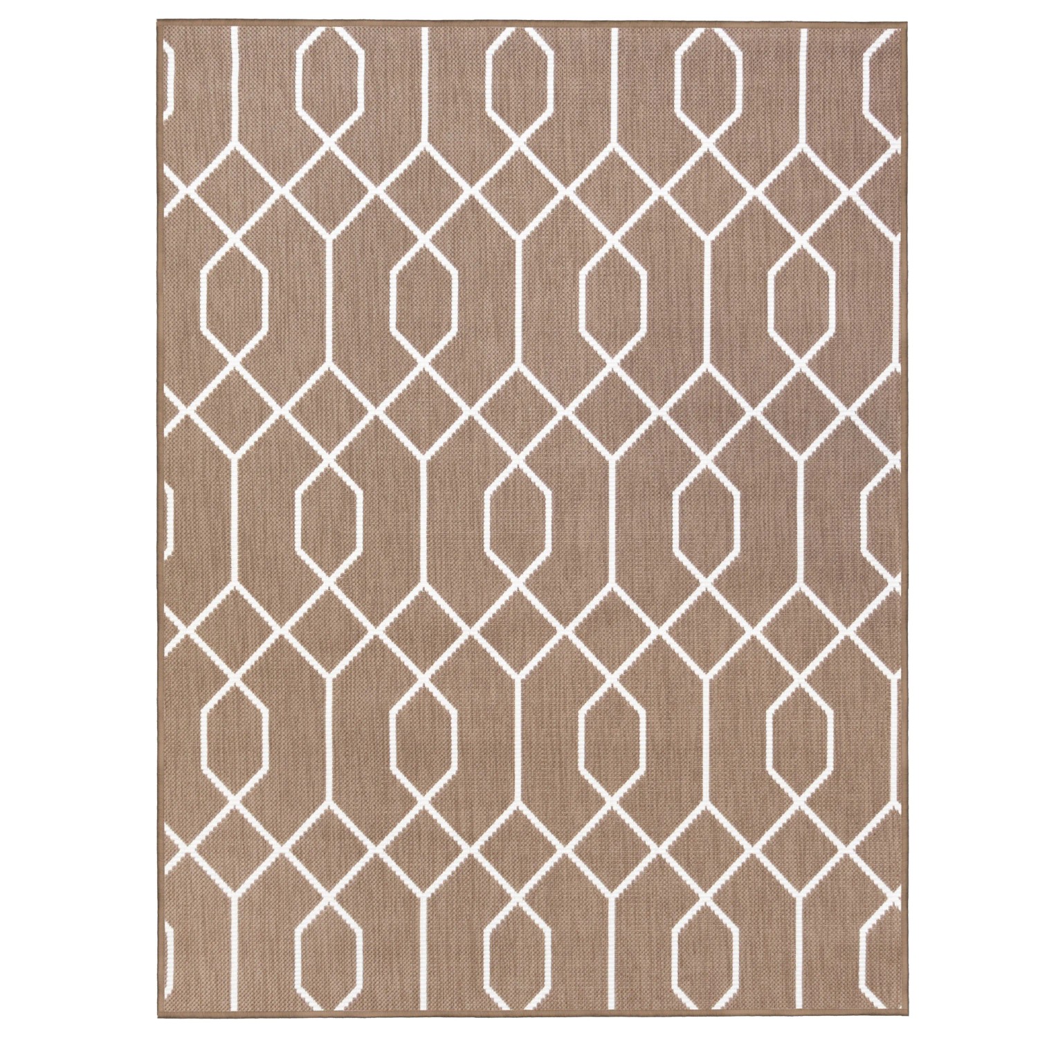 Primaflor In- und Outdoorteppich Reverso Geo River Braun, 160x220cm, mit weißem geometrischen Muster.