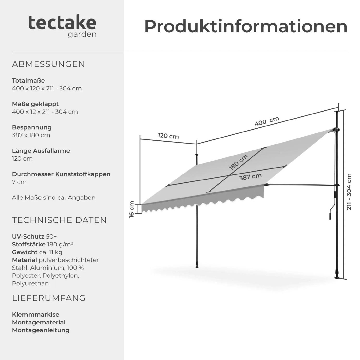 Tectake Klemmmarkise 400x180 cm hellgrau. Diagramm zeigt Maße, Handkurbel und ausfahrbaren UV-Sonnenschutz.