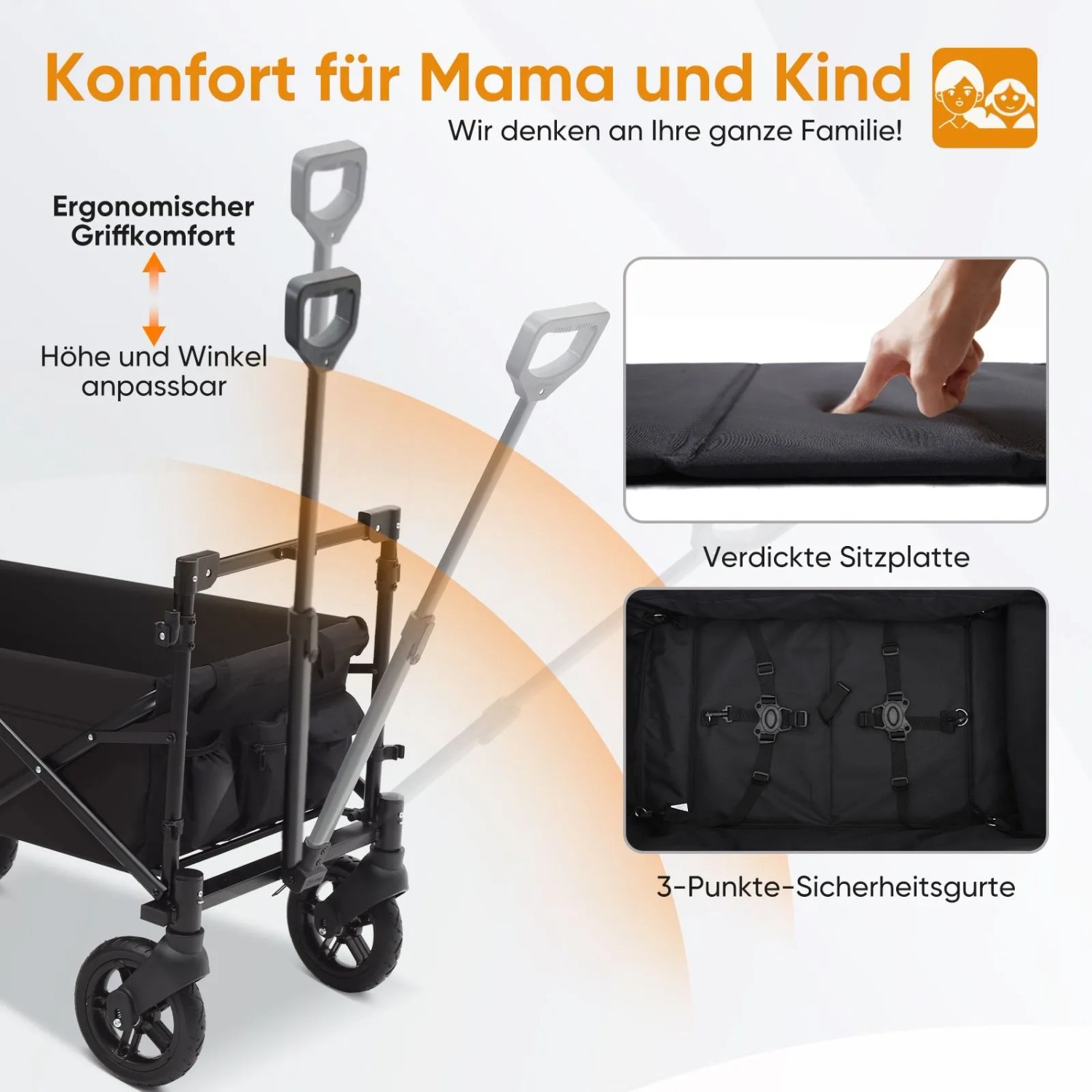 Sekey Bollerwagen, faltbar, schwarz, mit Dach, für 2 Kinder bis 100 kg. Camping & Freizeit.
