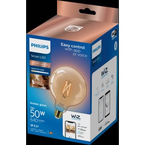 Verpackung einer Philips Smart LED Lampe, 7W E27 Globe Filament G125 Amber, warmweiß bis kaltweiß.