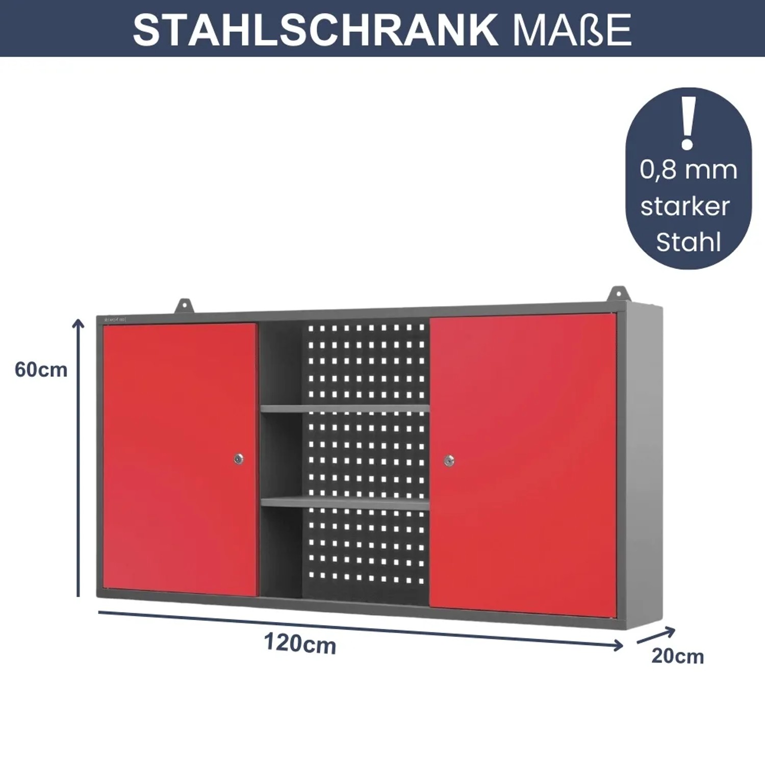 JAN NOWAK Hängeschrank BEN, anthrazit-rot, 60x120x20 cm, mit abschließbaren Fächern und Lochwand.