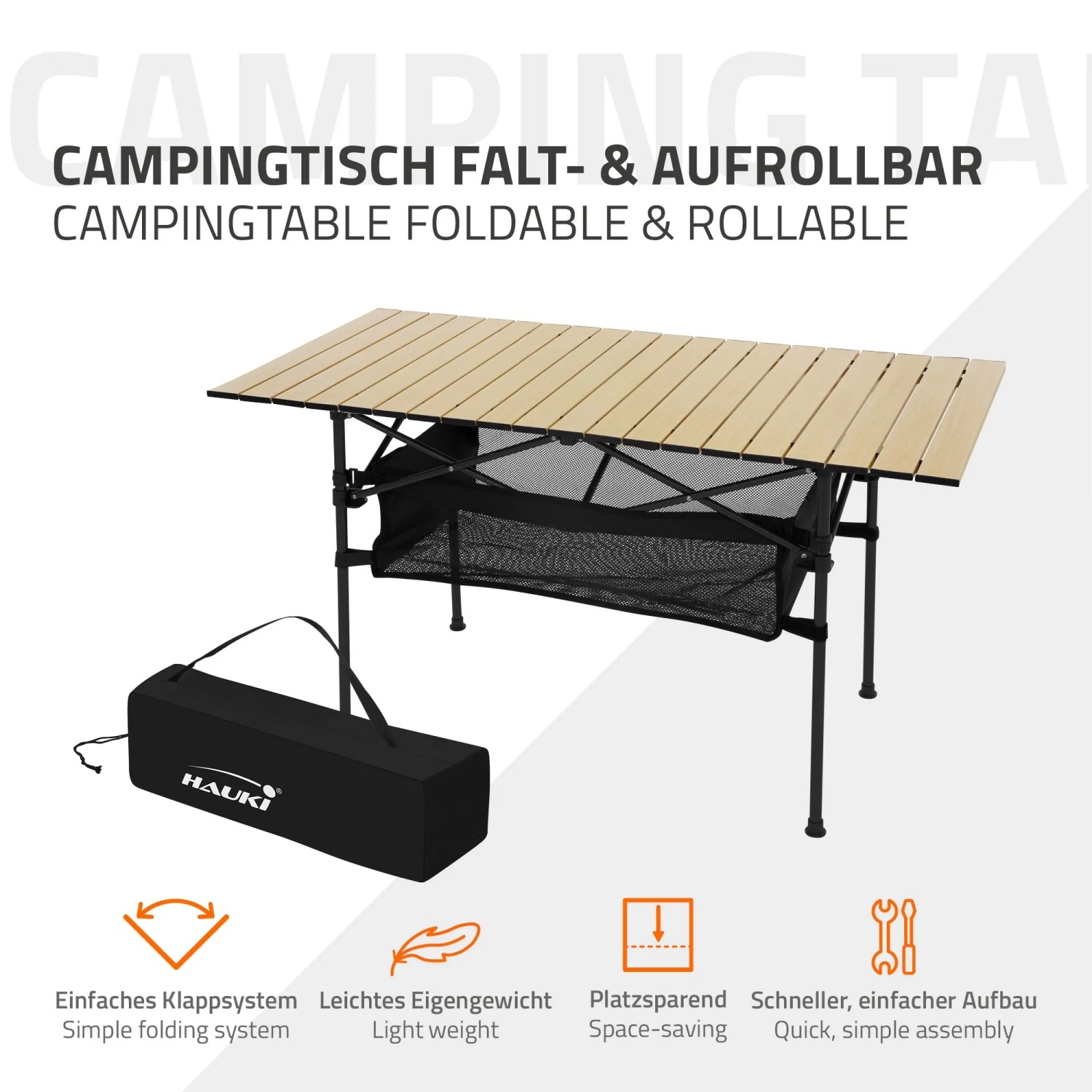 Hauki Campingtisch, faltbar, beige, 118x55x64,5 cm, mit Tasche. Klappbarer Tisch aus Aluminium.