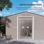 Outsunny Gartenhaus Stahl hellgrau mit Doppelschiebetür und Fahrrad im Inneren.