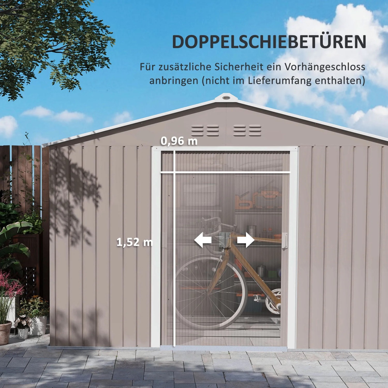 Outsunny Gartenhaus Stahl hellgrau mit Doppelschiebetür und Fahrrad im Inneren.