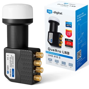hb-digital Quattro LNB UHD 414 S, schwarz-weiß, 4 Anschlüsse. Wetterfest, 4K-tauglich für SAT Systeme.
