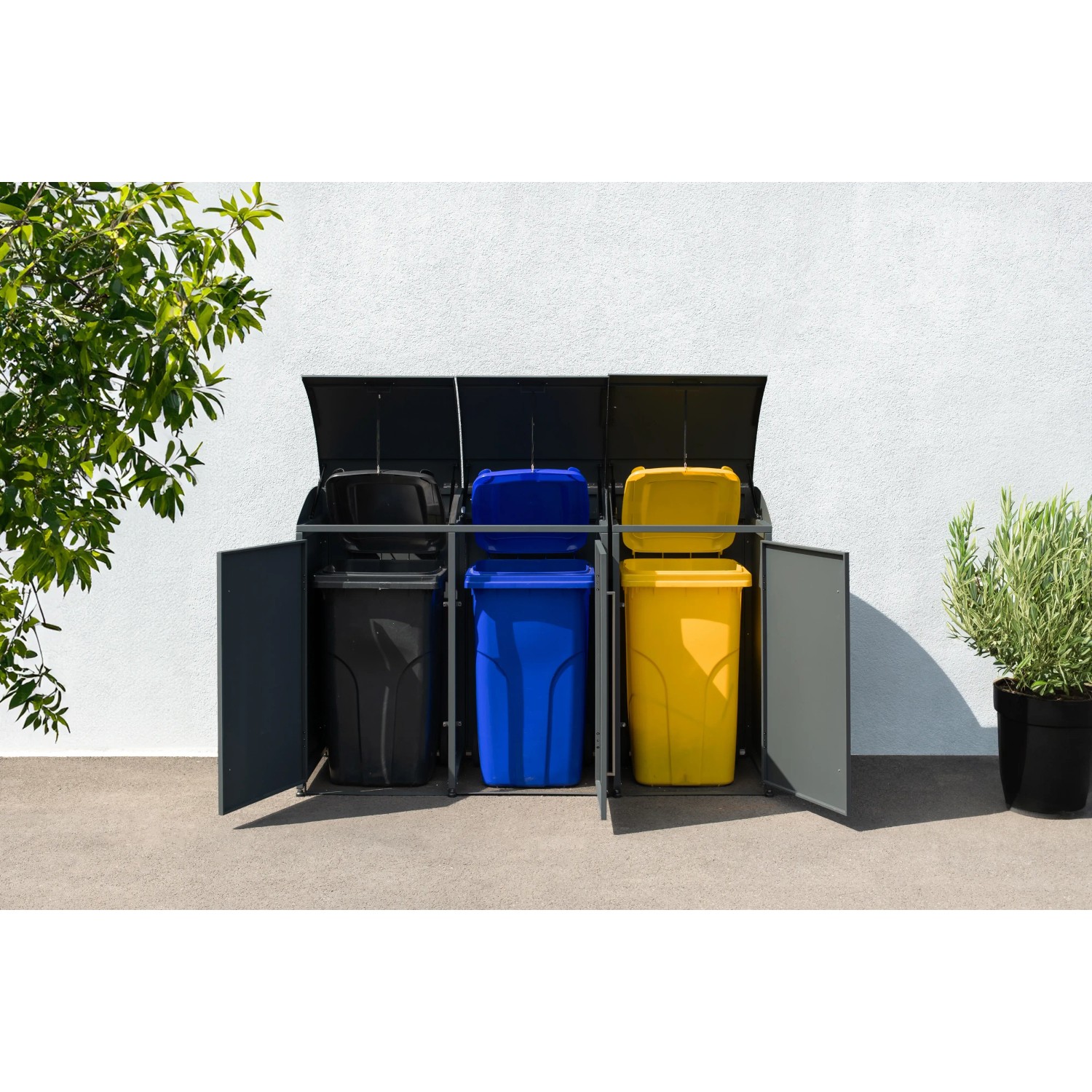 Westmann Mülltonnenbox Moderna für 3 Tonnen (je 240 l) in Anthrazit. Aufbewahrungsbox aus Stahl mit Gasdruckfedern.