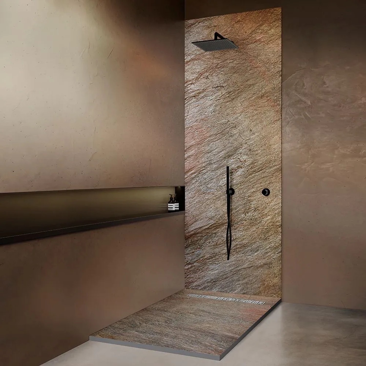 Onbath's Duschwanne Naturstein Beige 100x80 cm mit Ablaufrinne, Natursteinlaminierung