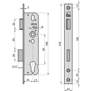 Technische Zeichnung: Basi Einsteck-Rohrrahmenschloss ES 958, Dornmaß 25mm, Stulp 24mm, Maße und Details.
