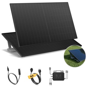 Solakon Balkonkraftwerk Komplettset: 2 schwarze Solarmodule, Wechselrichter, Kabel & Gartenhalterung. Steckerfertige Solaranlage.