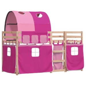 Rosa Etagenbett aus Kiefernholz mit Vorhängen, 90x200 cm, für Kinderzimmer.