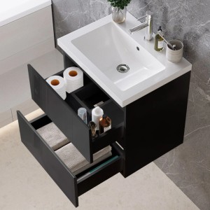 AICA Waschtisch mit Unterschrank, 50 cm, schwarz hochglanz, mit zwei offenen Schubladen.