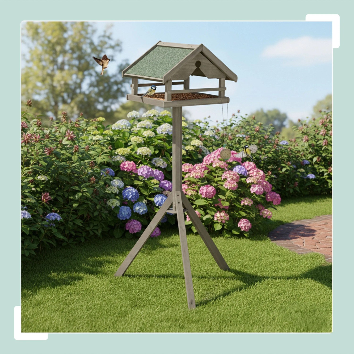 Relaxdays Vogelfutterhaus mit Ständer Tannenholz Braun Wetterfest 120 cm x 37 cm x 37,5 cm 2,8 kg_2