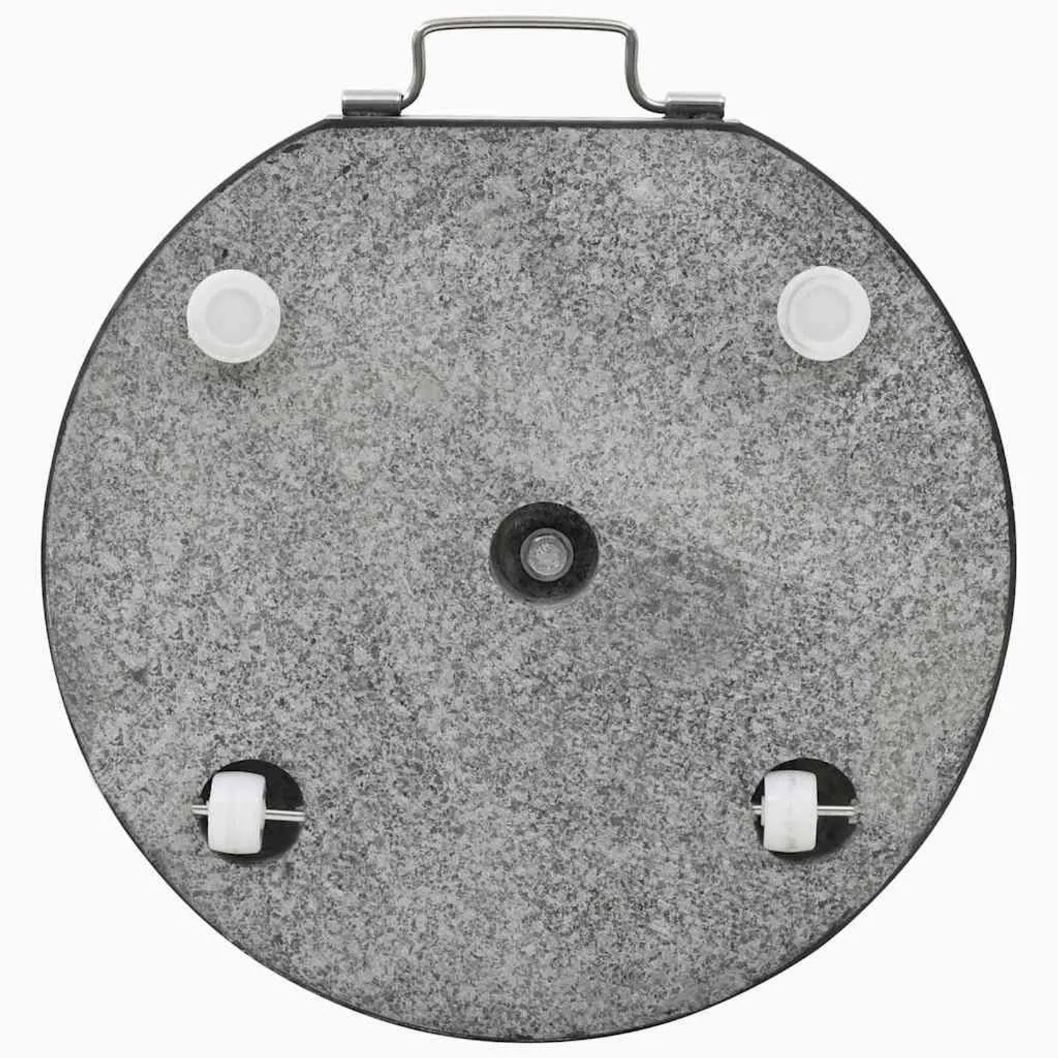 Schwarzer, runder vidaXL Sonnenschirmständer aus Granit, 28,5 kg, mit Rollen und Tragegriff.