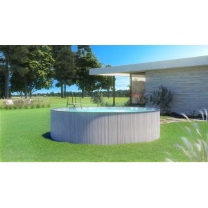 Grauer Steinbach Stahlwandpool New Splasher Secure (Ø 350 cm) mit Leiter im Garten.