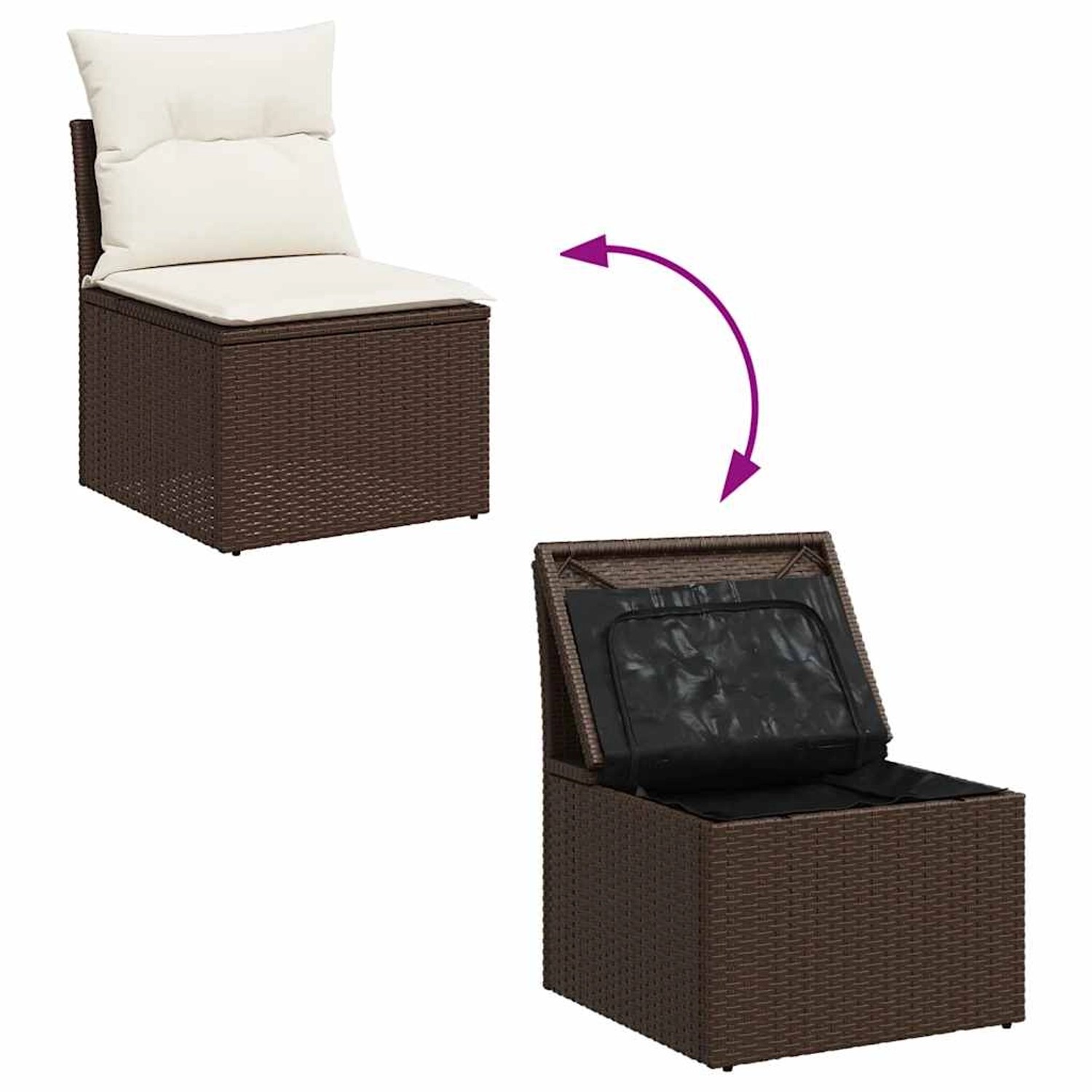 vidaXL Garten-Sofagarnitur, braunes Poly Rattan mit Staufach und Kissen.