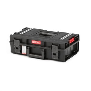 Schwarzer PROREGAL QBRICK Werkzeugkasten One mit Aluschienen, Tragegriff und Klemmverschlüssen.