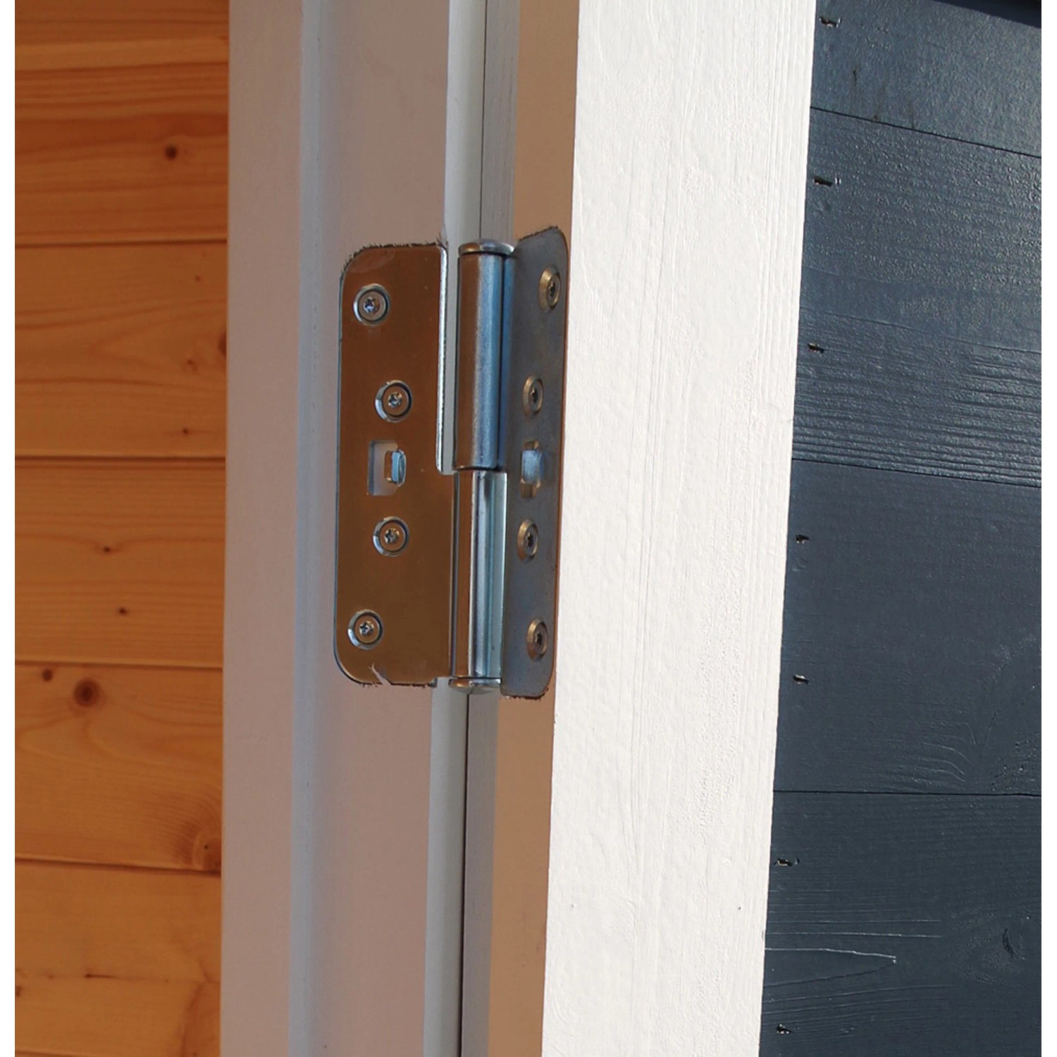 Detailaufnahme: Türscharnier am anthrazitfarbenen Bertilo Gartenhaus Woodline Pent.
