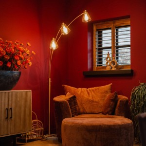 QAZQA Bogenlampe Nina, Bronze mit Marmor und Braunglas, 3-flammig, im Wohnzimmer.