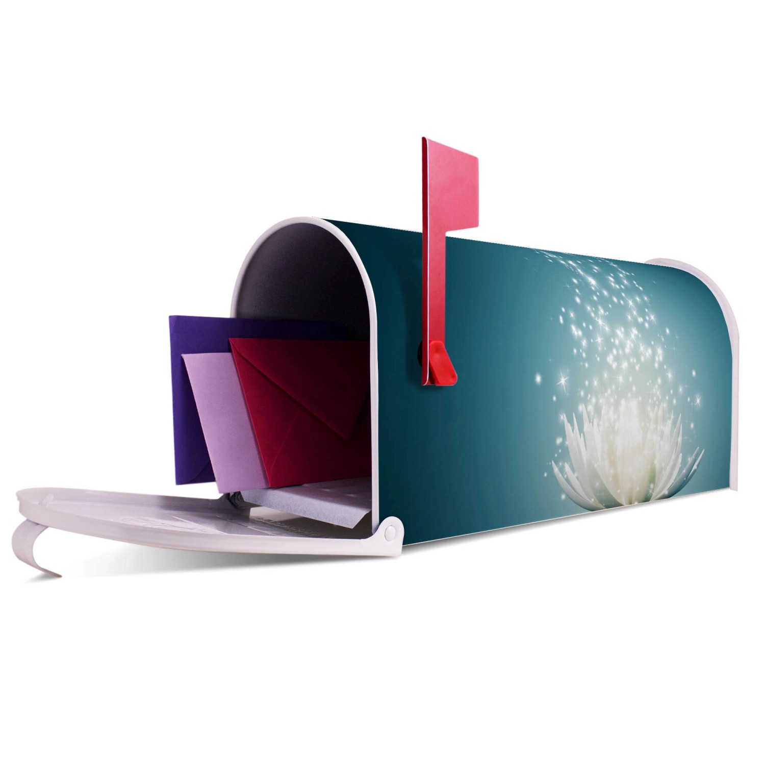 Weißer US Briefkasten mit Lotusblüten Motiv, Stahl, rote Fahne und Briefe. Ideal als Wand- oder Standbriefkasten.