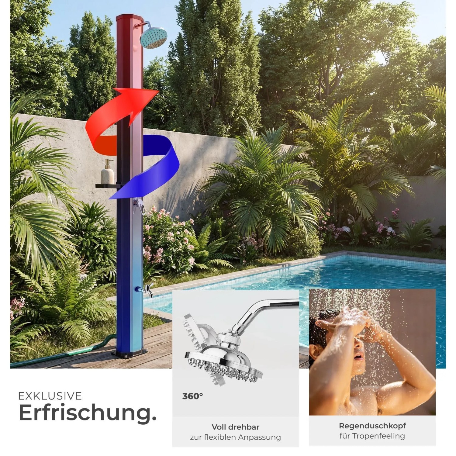 Tectake Solardusche Ofanto 35L im Garten mit Pool. Regendusche mit Seifenablage, erwärmtes Wasser bis 60°C.