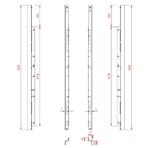 Techn. Zeichnung SOTECH Hitzeschutzleisten für Backöfen, silbergrau, 600 mm. Zeigt Maße und Befestigungspunkte.